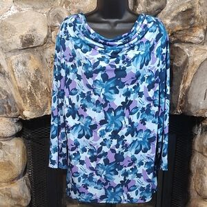 Jones New York Blue & Purple Floral Cowl Neck Long Sleeve Top